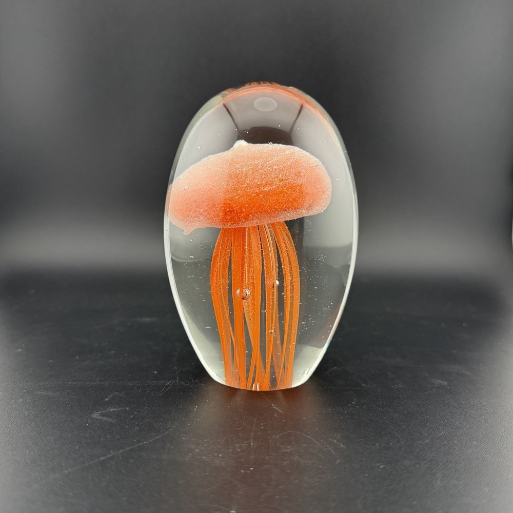 Orange Art Glass Jellyfish Paperweight Glow In The Dark Coastal Decor Gift 4"